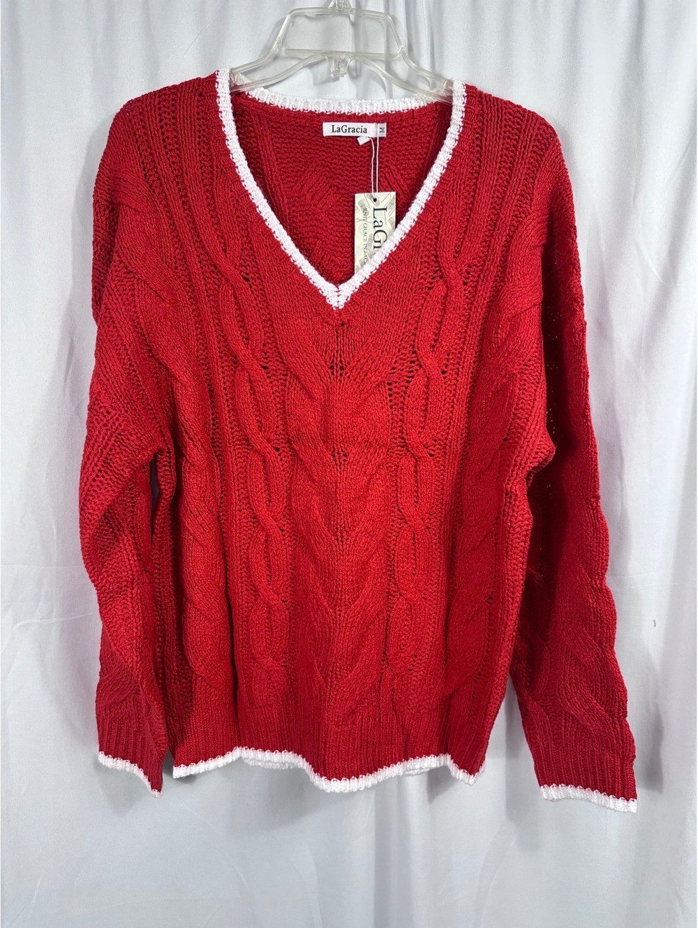 LaGracia Red Cable Knit V-Neck Sweater with White Trim, Size Medium